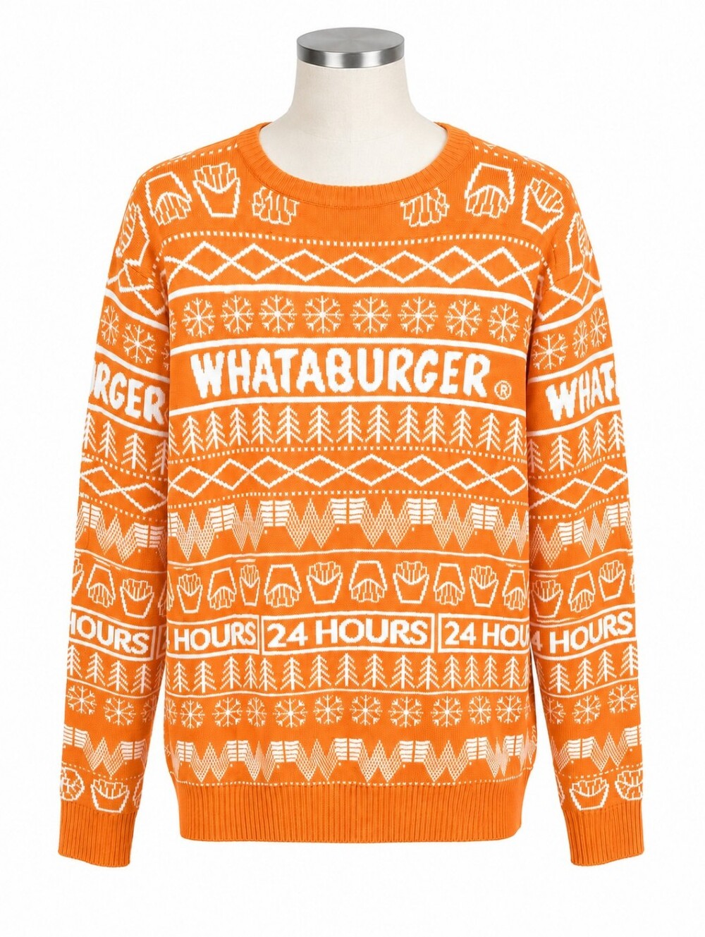WHATABURGER Ugly Christmas Sweater Mens XL Orange White Holiday 24 Hours Fries